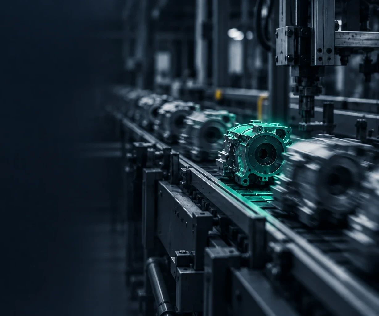 Cadena de montaje con una pieza iluminada en verde avanzando por la línea