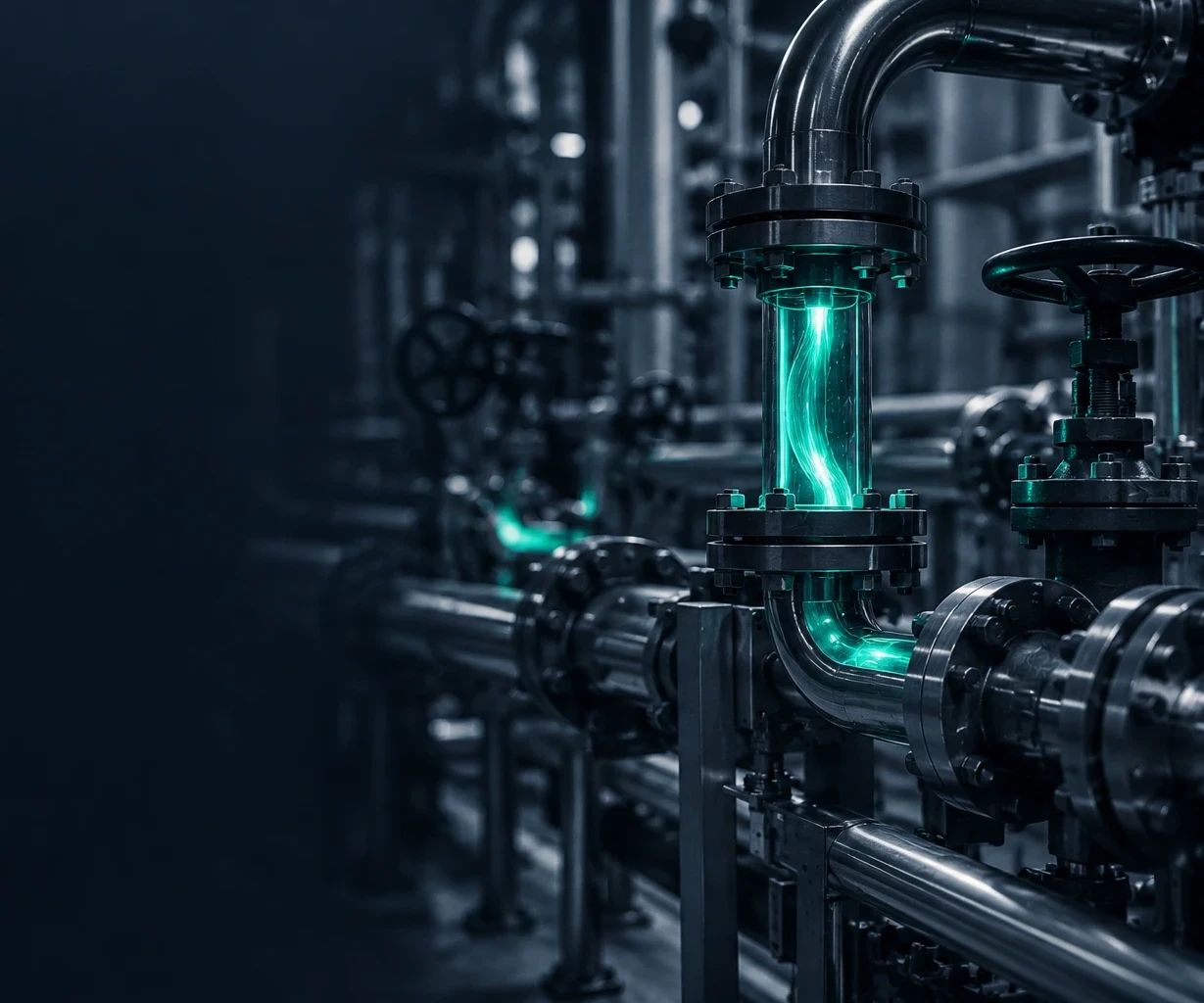 Tuberías industriales con un tramo de cristal por el que circula un flujo verde