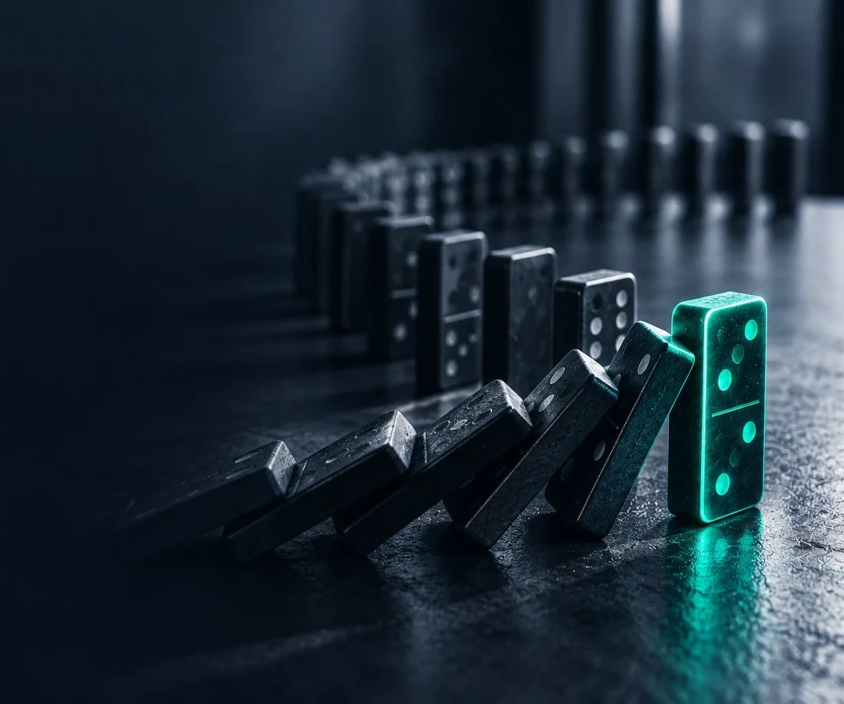 Fila de fichas de dominó cayendo en cadena hasta una ficha iluminada en verde