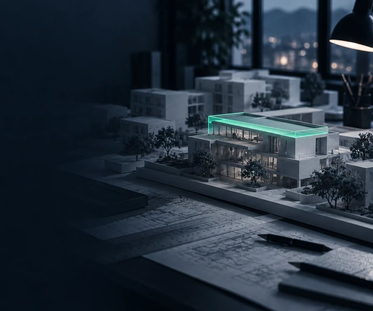 Maqueta de arquitectura con un edificio cuya cubierta se ilumina en verde