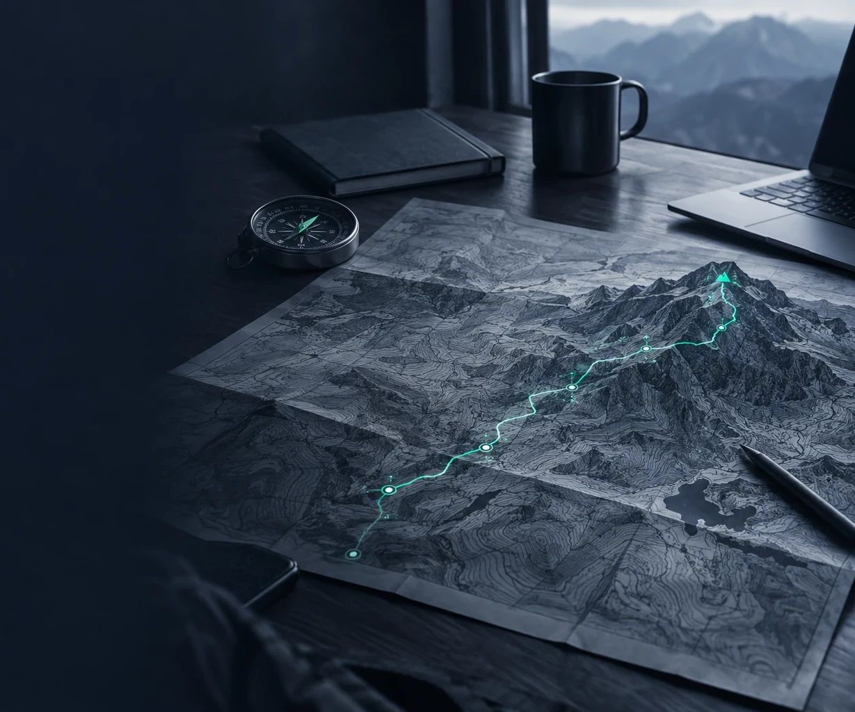 Mapa topográfico sobre una mesa de trabajo con una ruta marcada en verde hasta la cima, junto a una brújula y un portátil