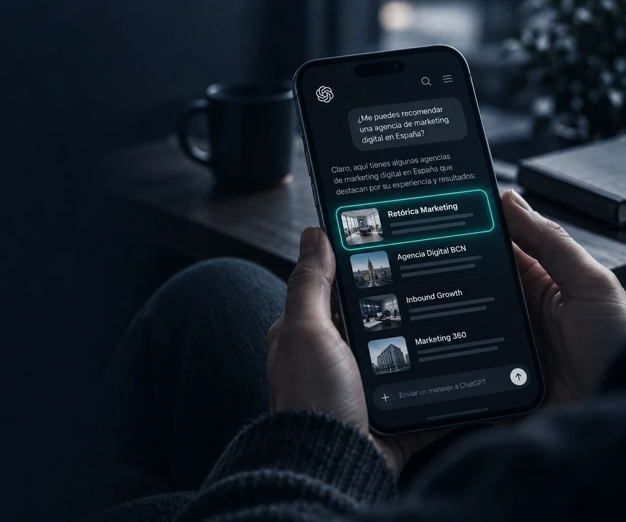 Móvil con ChatGPT recomendando a Retórica Marketing como agencia de marketing digital en España