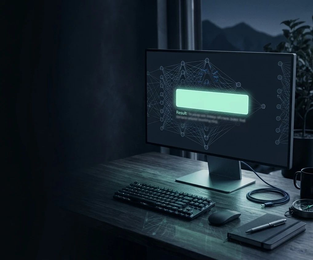 Monitor en un escritorio de noche con una red neuronal en pantalla y un resultado destacado en verde