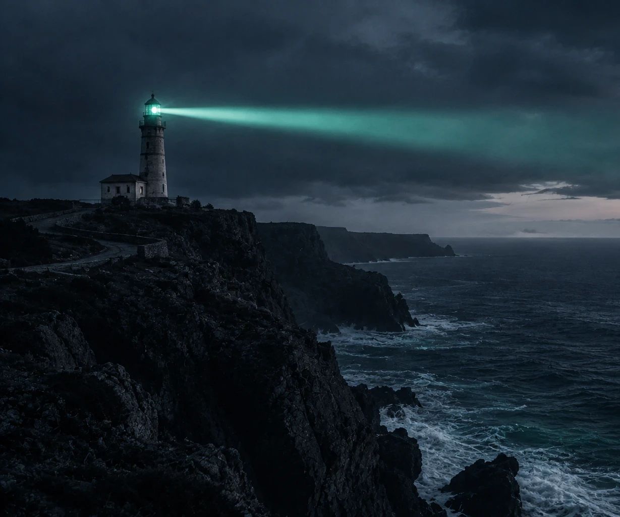 Faro en un acantilado que proyecta un haz de luz verde sobre el mar