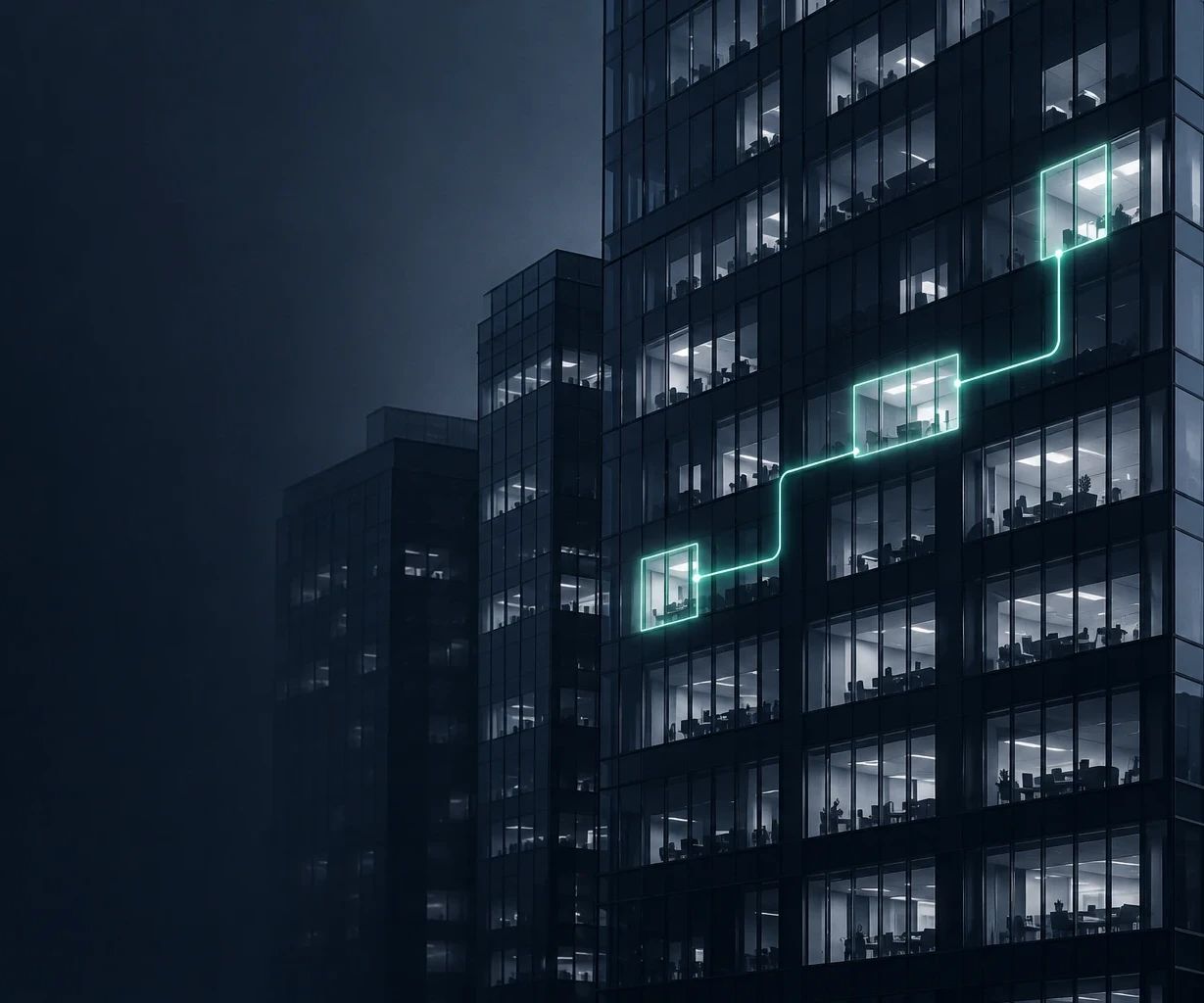 Fachada de un edificio de oficinas de noche con varias ventanas conectadas por una línea verde