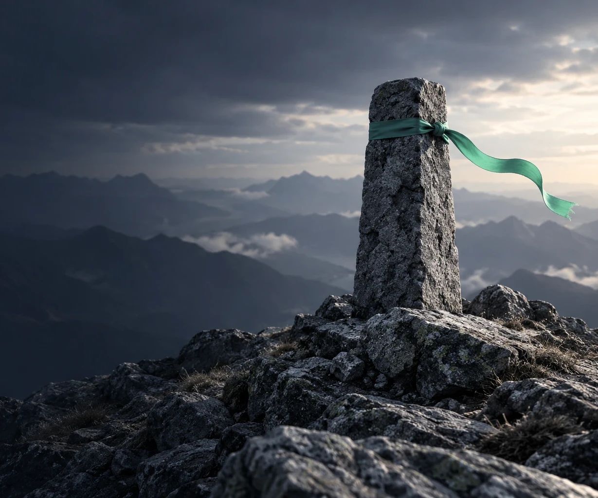 Mojón de piedra en una cumbre con una cinta verde atada que ondea al viento