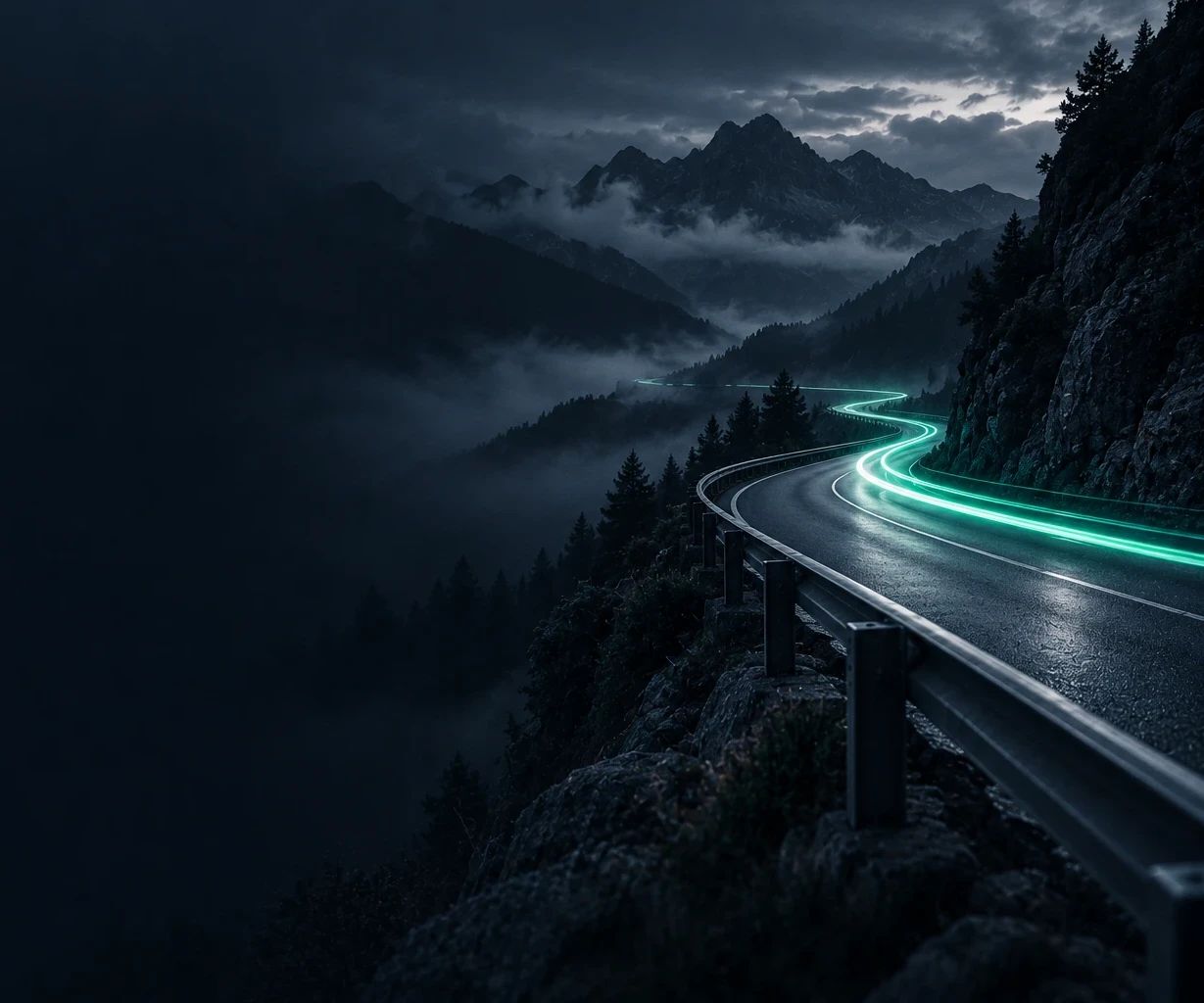 Carretera de montaña de noche con una estela de luz verde que recorre las curvas