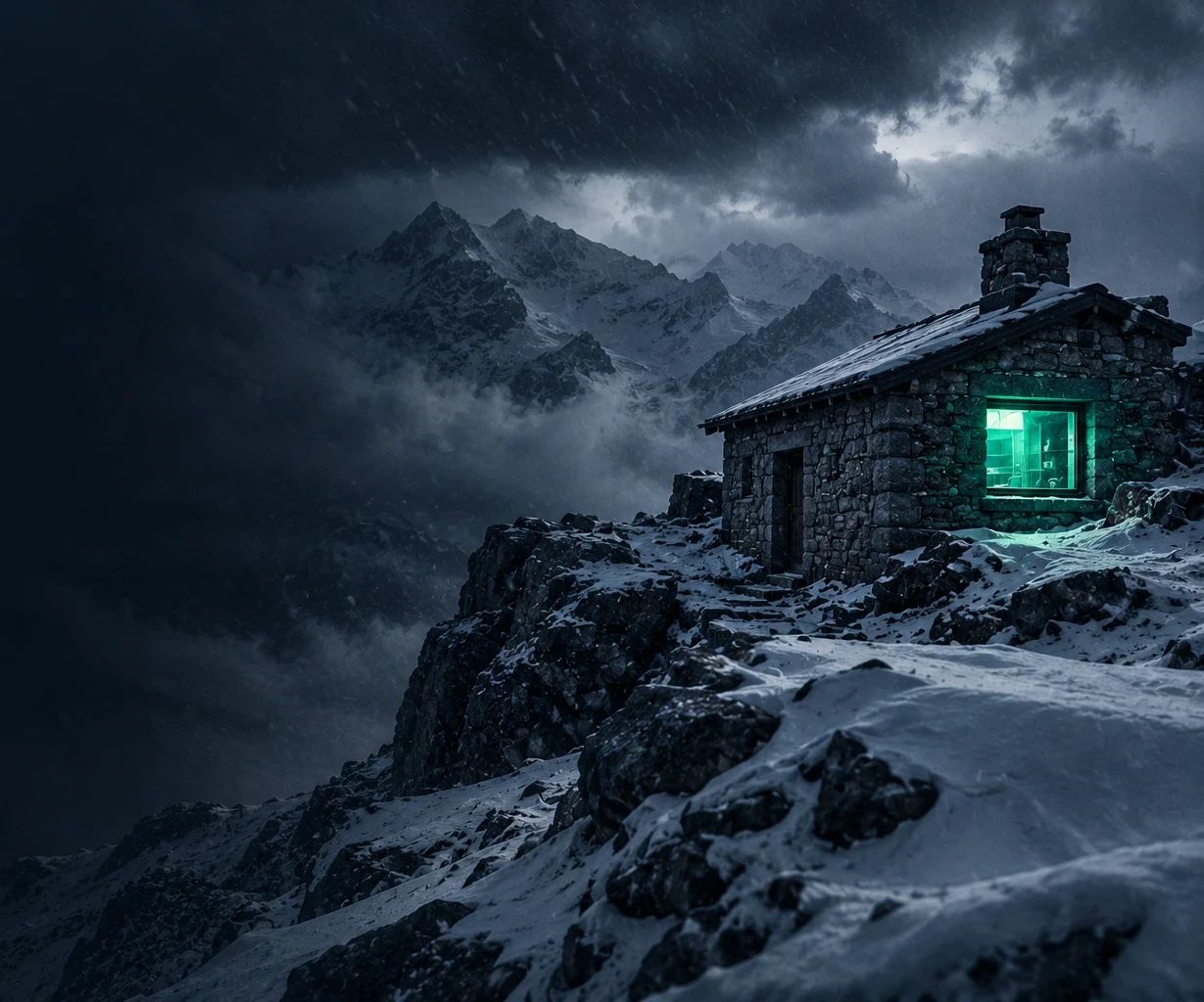 Refugio de piedra en una cumbre nevada durante una tormenta, con la ventana iluminada en verde