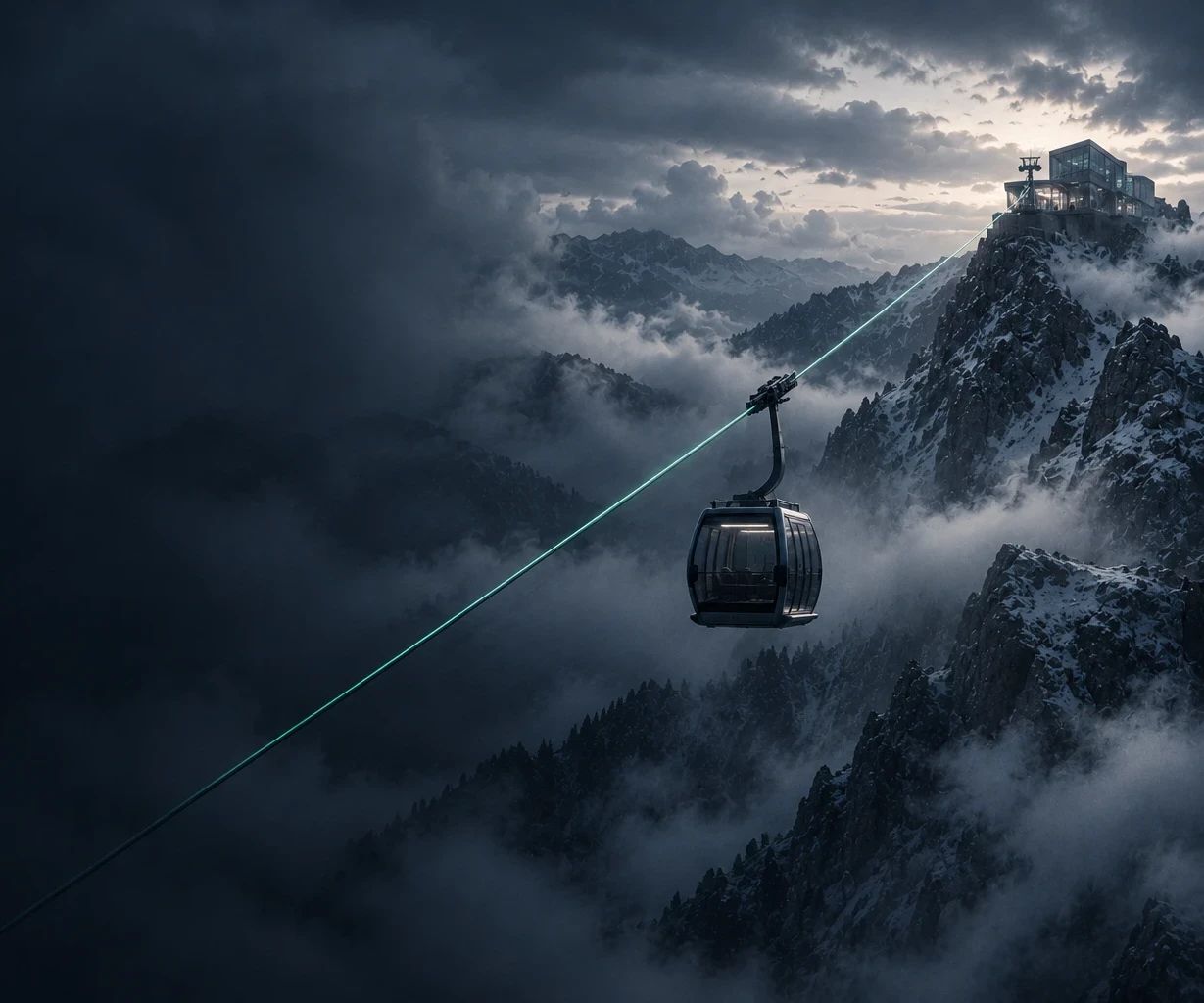 Teleférico subiendo entre nubes y picos nevados hacia una estación en la cumbre, con el cable iluminado en verde