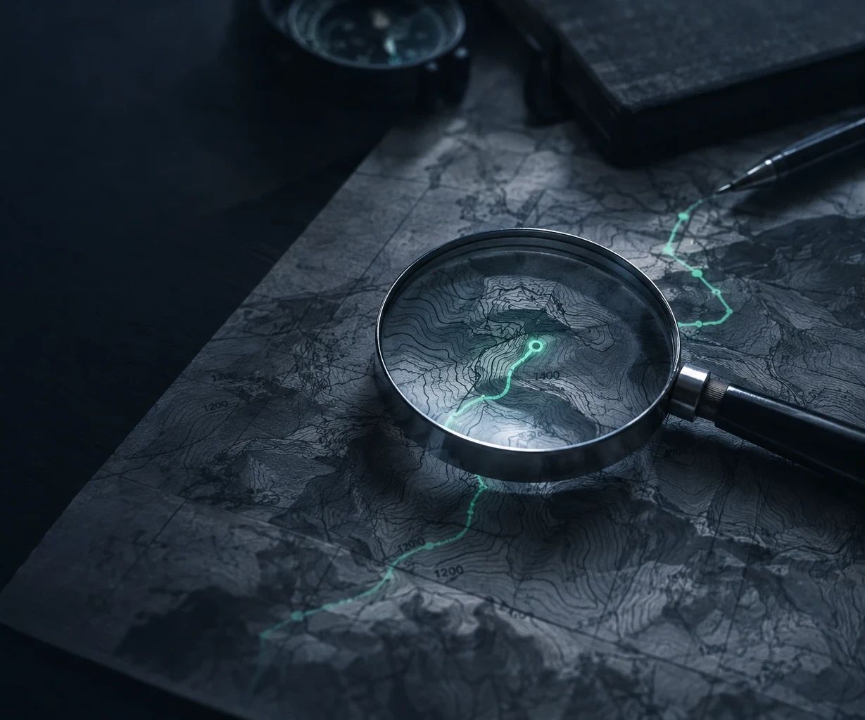 Lupa sobre un mapa topográfico que amplía una ruta marcada en verde