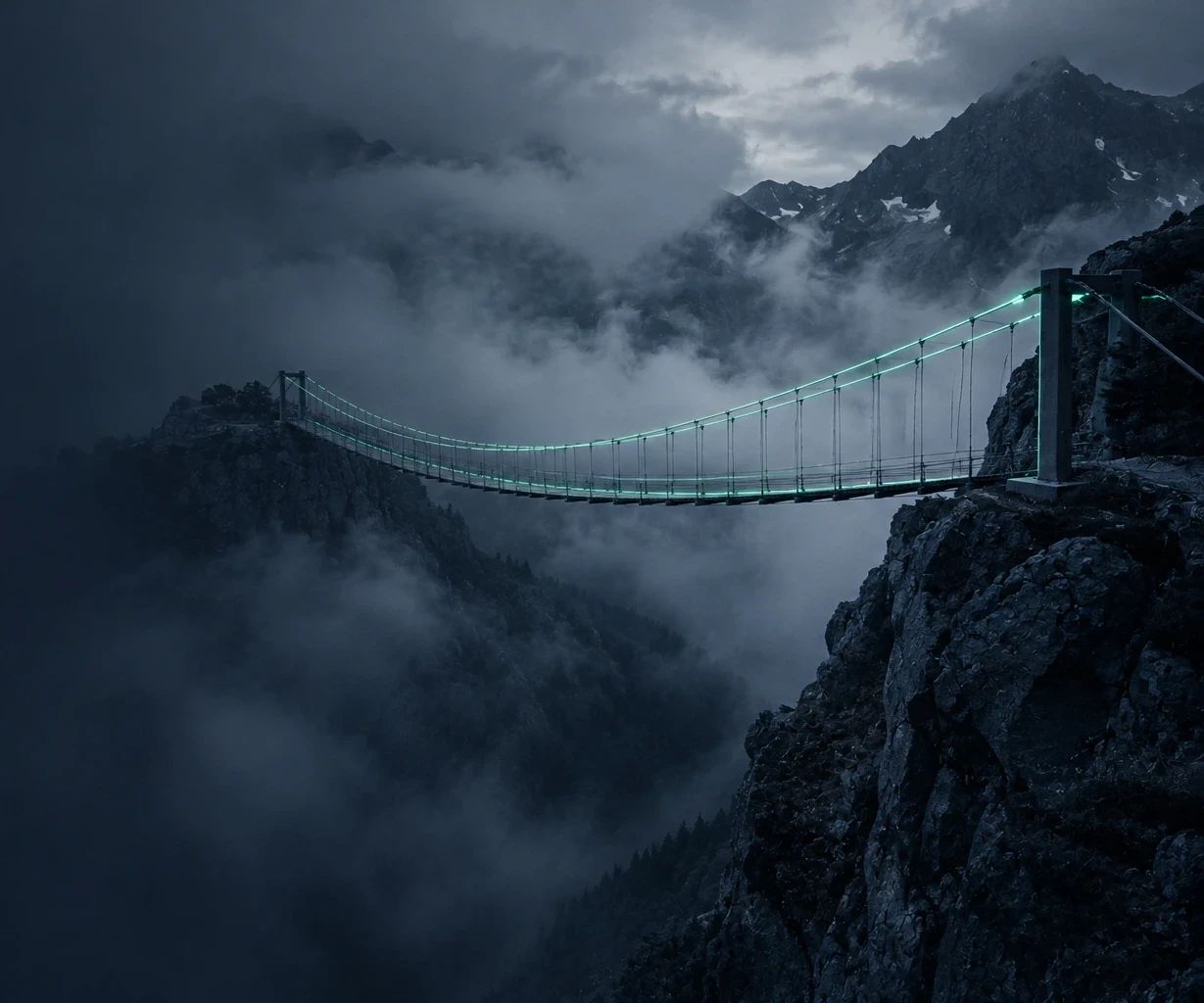 Puente colgante iluminado en verde que une dos montañas entre la niebla