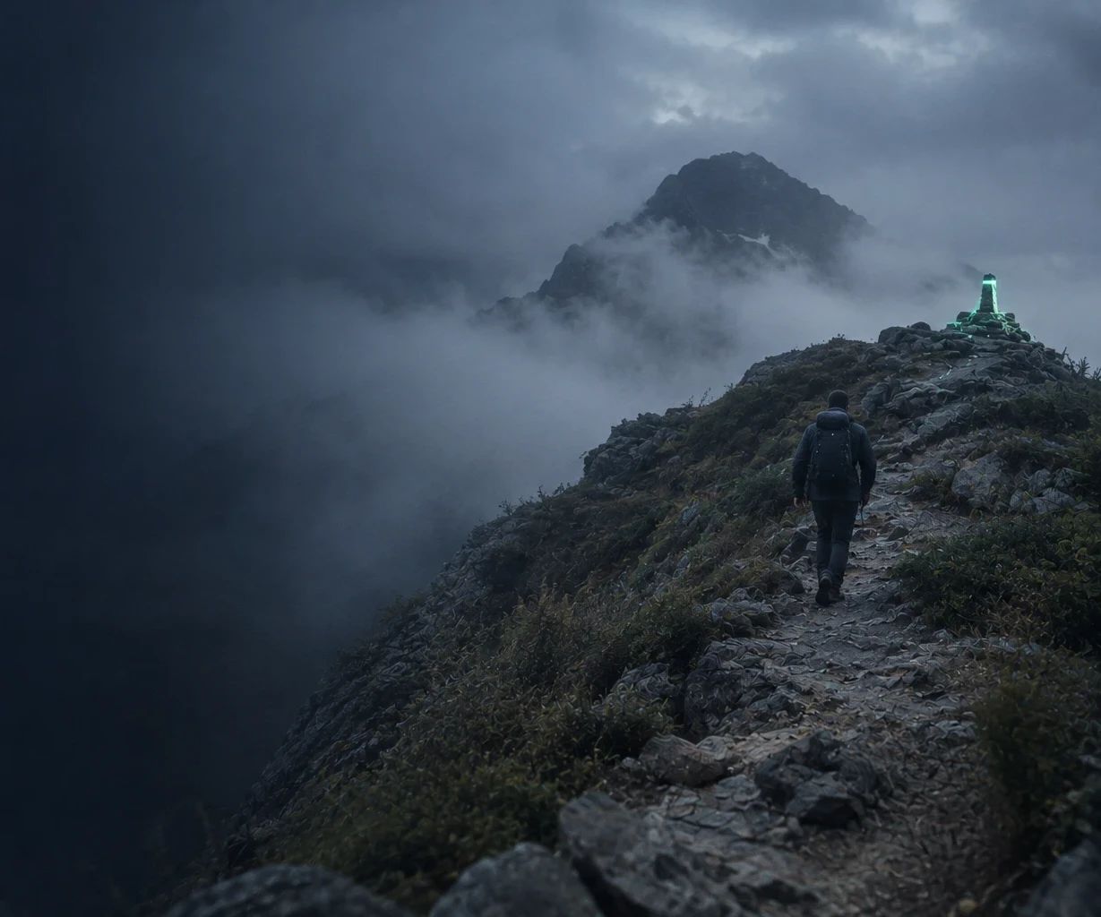 Montañero avanzando por una cresta entre la niebla hacia un hito iluminado en verde