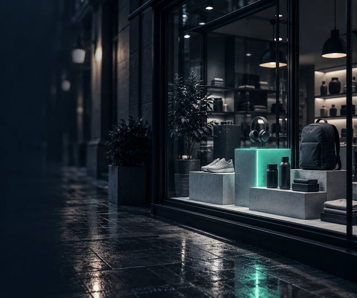 Escaparate nocturno con zapatillas, auriculares y una mochila sobre un pedestal iluminado en verde