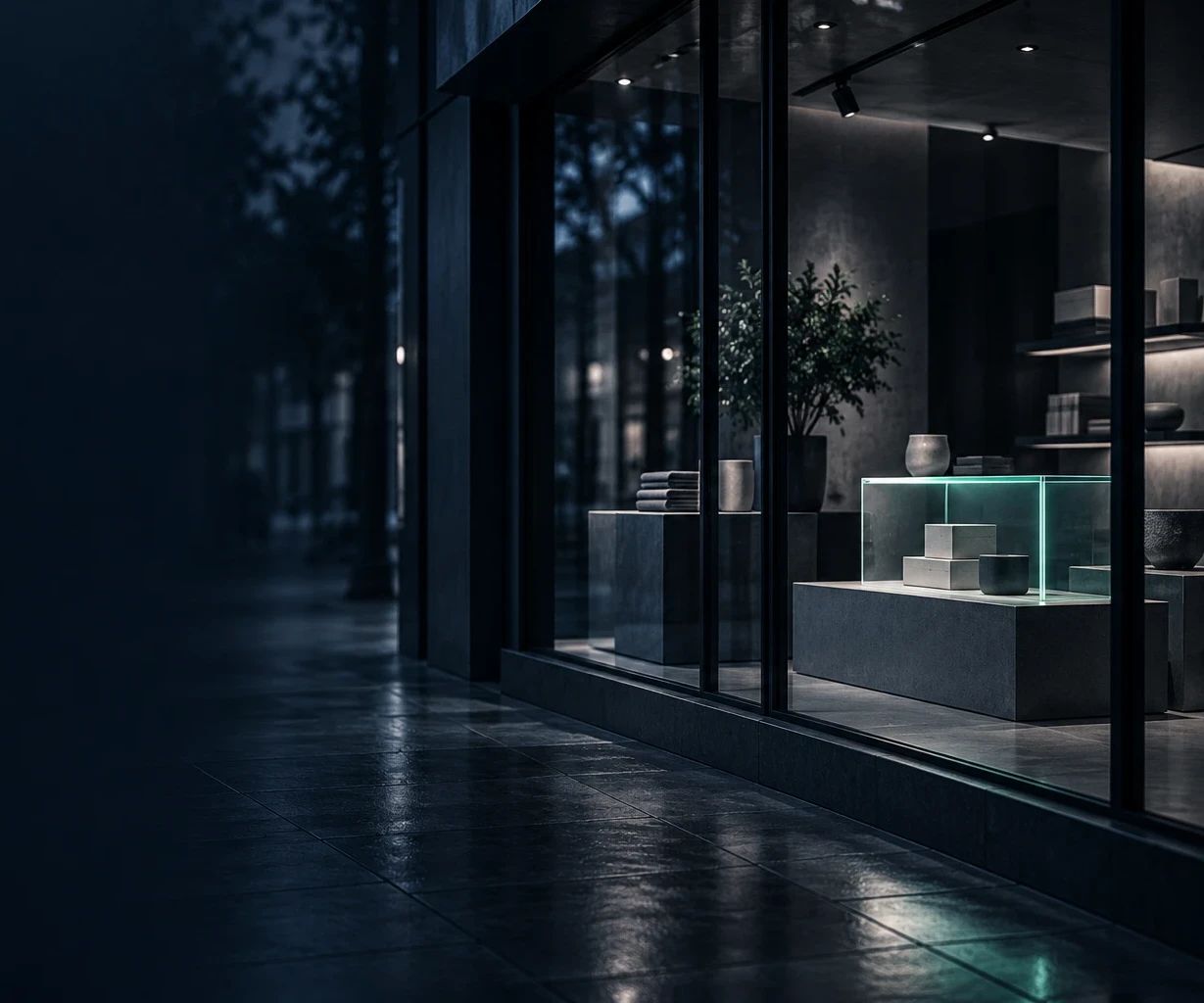 Escaparate minimalista de noche con una vitrina de cristal iluminada en verde